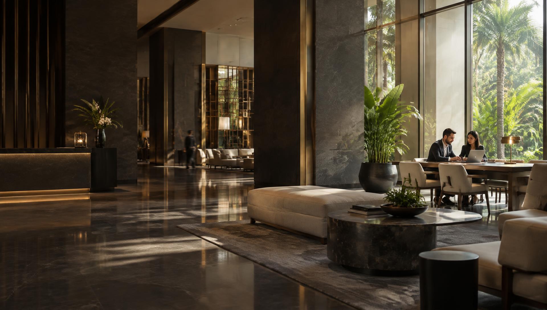 Profissionais de hotelaria trabalhando juntos em um ambiente hoteleiro